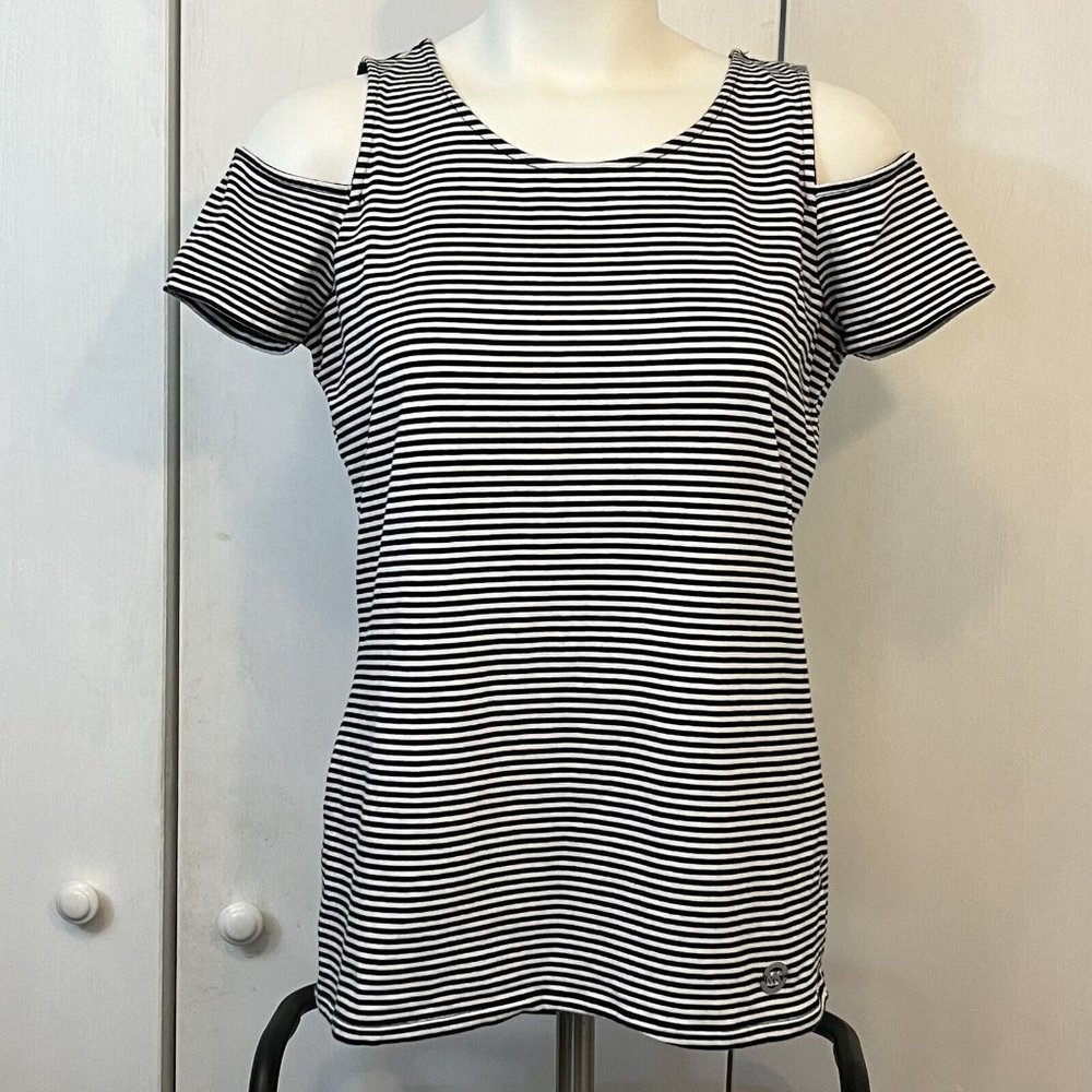 Michael Kors Designer Short Sleeve Cold Shoulder Black White Striped T Shirt Top